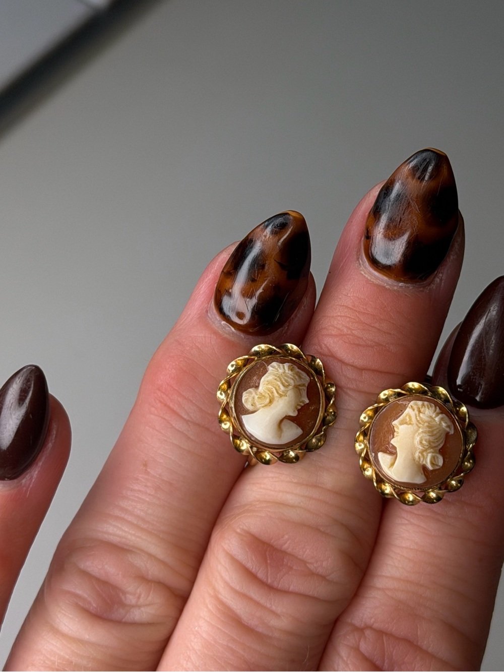 Vintage-Inspired Framed Gold Cameo Screw on Stud Earrings